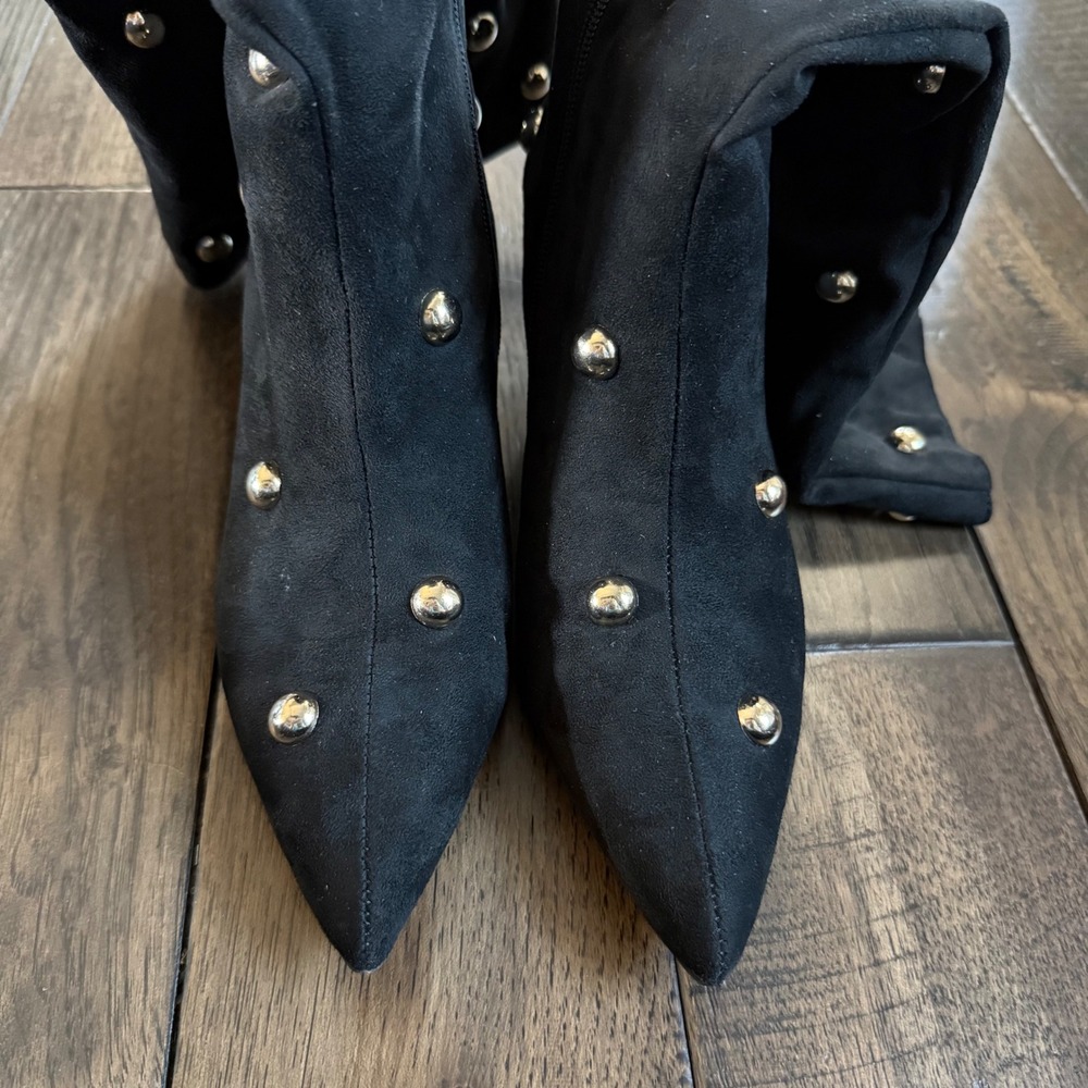 Target Women Black Faux Suede Studded Pointed Toe Heel Boots Size 7‎ Zip - Picture 5 of 10